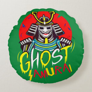 Japanese Ghost Samurai Martial Art in Retro Style Round Cushion