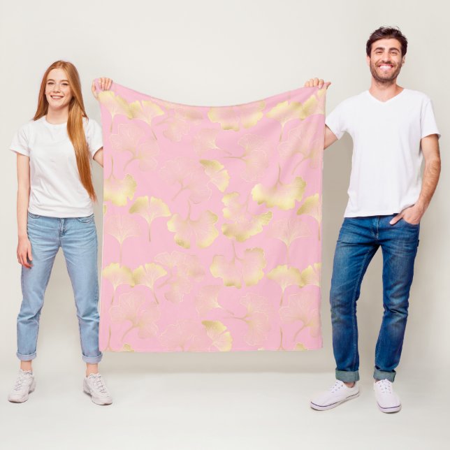 Japanese Ginkgo Gold Line Art Pink Pattern Fleece Blanket (In Situ)
