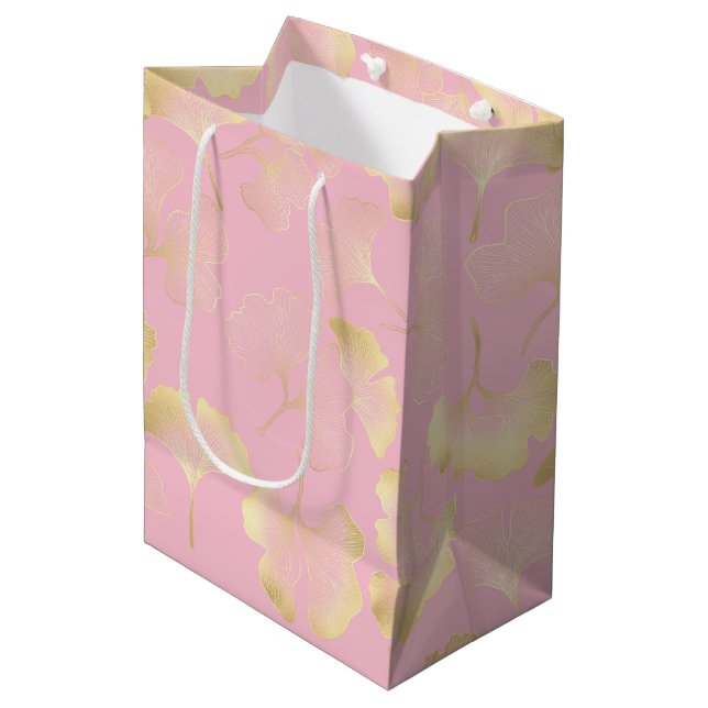 Japanese Ginkgo Gold Line Art Pink Pattern Medium Gift Bag (Front Angled)