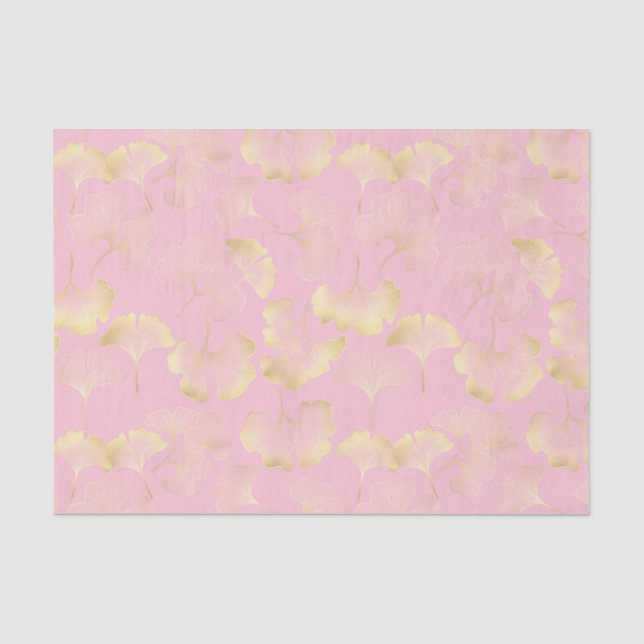 Japanese Ginkgo Gold Line Art Pink Pattern Tissue Paper (Front)