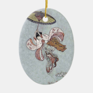 Japanese Girl Flying with Umbrella Ceramic Tree Decoration