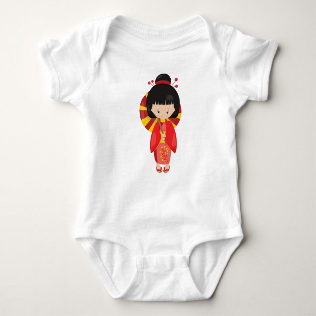 Japanese Girl, Japan, Cute Girl, Red Kimono Baby Bodysuit (Front)