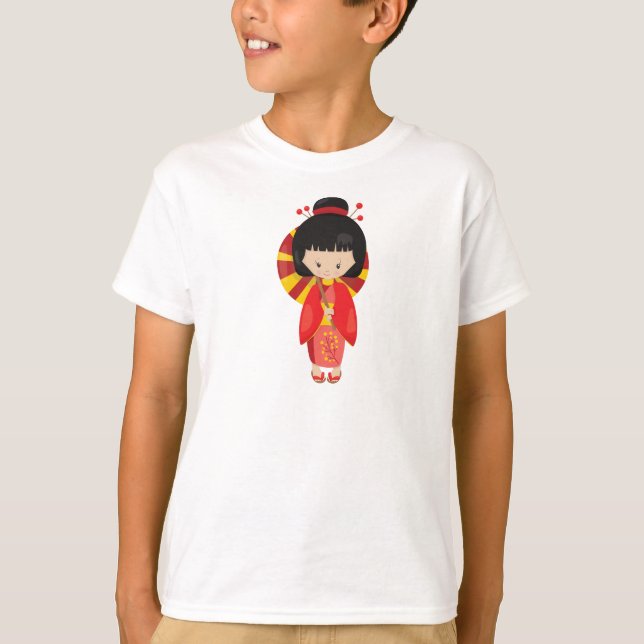 Japanese Girl, Japan, Cute Girl, Red Kimono T-Shirt (Front)