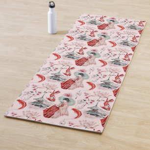 Japanese Girl Pagoda Koi Red Pink Yoga Mat