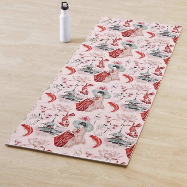 Japanese Girl Pagoda Koi Red Pink  Yoga Mat (In Situ)