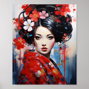 Japanese Girl Pop Art Red Colour Watercolor  Poster