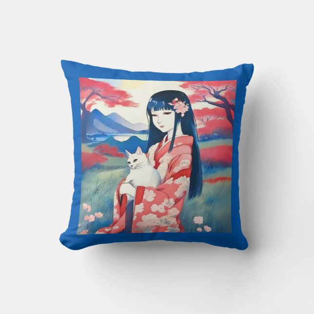 Japanese Girl with a White Cat Cushion (Front)