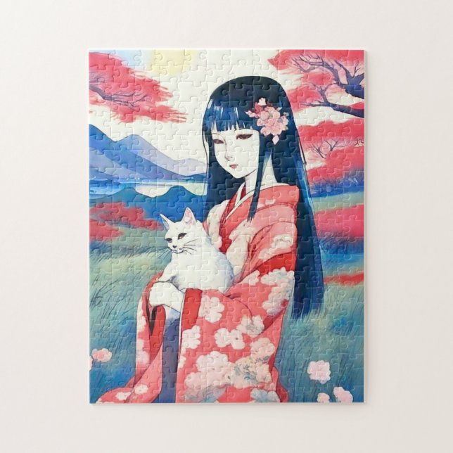 Japanese Girl with a White Cat Jigsaw Puzzle (Vertical)