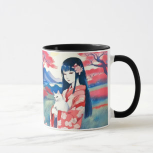 Japanese Girl with a White Cat Mug