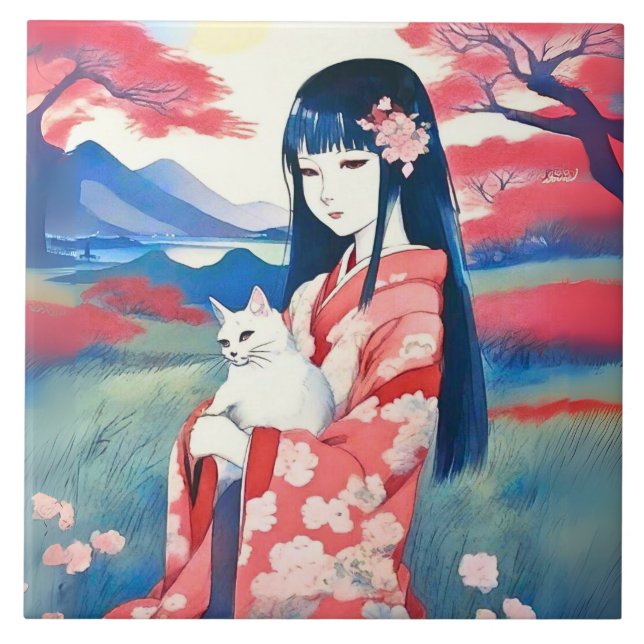 Japanese Girl with a White Cat Tile (Front)
