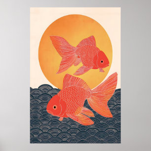 Japanese Goldfish Art Print, Minimalist Koi Fish Poster