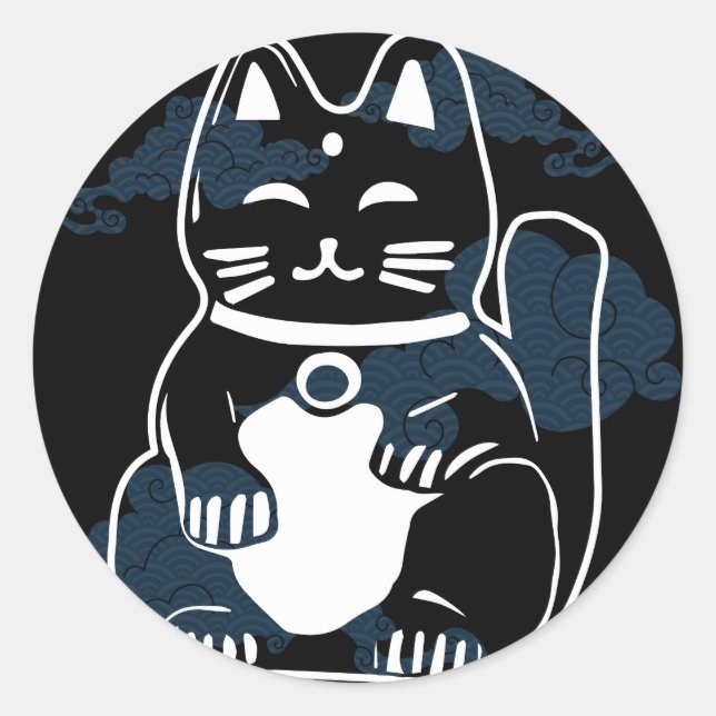 Japanese Good Luck Cat with clouds Classic Round Sticker (Front)