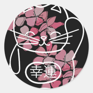 Japanese Good Luck Cat with pink Sakura Flowers Classic Round Sticker