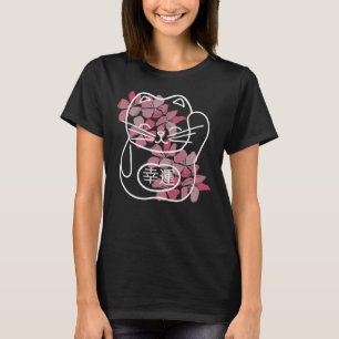 Japanese Good Luck Cat with pink Sakura Flowers T-Shirt