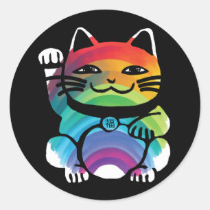 Japanese Good Luck Cat with Rainbow Classic Round Sticker