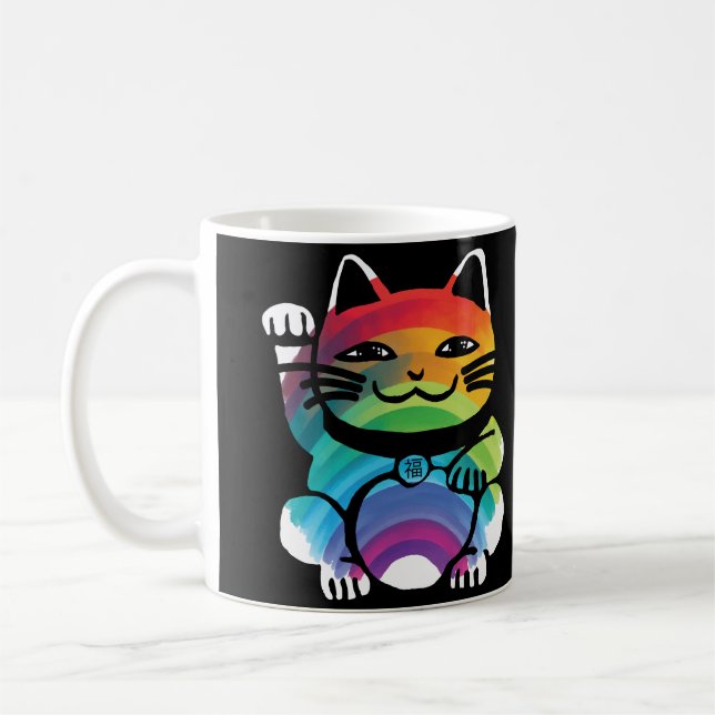 Japanese Good Luck Cat with Rainbow Coffee Mug (Left)