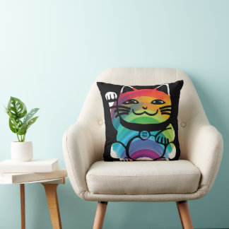 Japanese Good Luck Cat with Rainbow Cushion