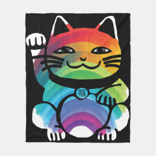 Japanese Good Luck Cat with Rainbow Fleece Blanket