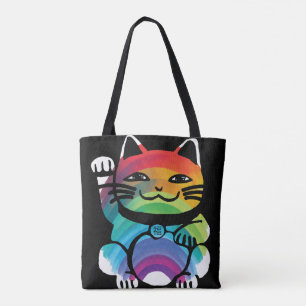 Japanese Good Luck Cat with Rainbow Tote Bag