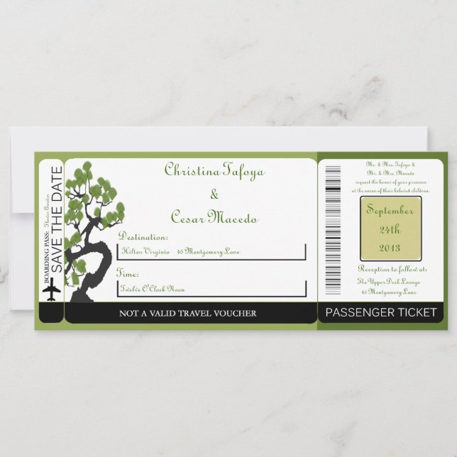 Japanese Green Bo Boarding Pass Wedding Invitation (Front)
