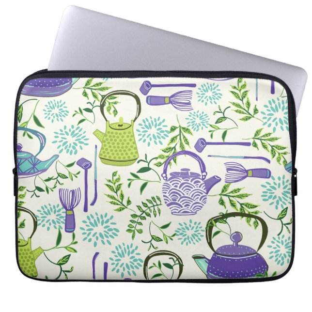 Japanese Green Teapot Design Laptop Sleeve (Front)
