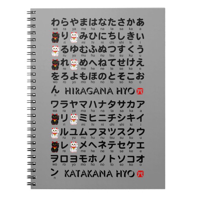 Japanese Hiragana & Katakana table (Lucky Cat) Spiral Notebook (Front)