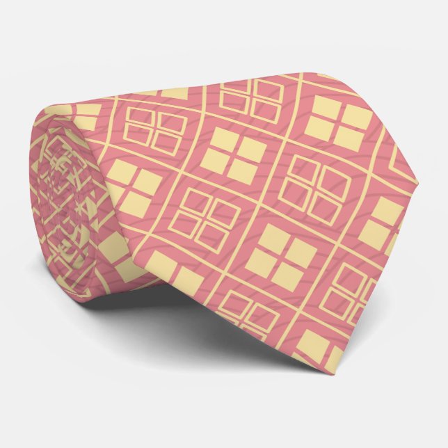 Japanese Hishi and Seigaiha Pattern Gold Pink Tie (Rolled)
