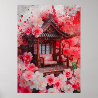 Japanese home cherry blossom watercolor painting  poster
