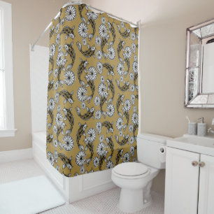 Japanese Indigo Gold Carp Folk Pattern Shower Curtain