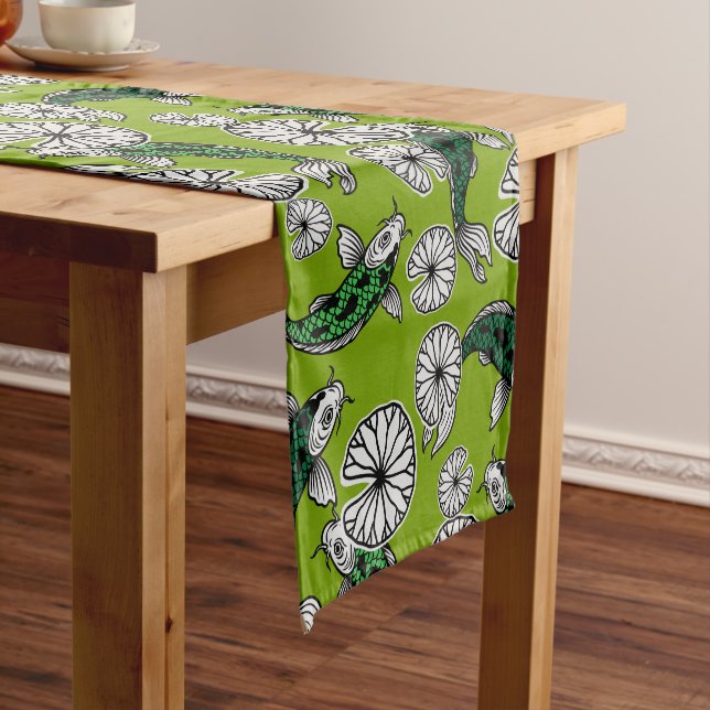 Japanese Indigo Green Carp Folk Pattern Short Table Runner (In Situ)