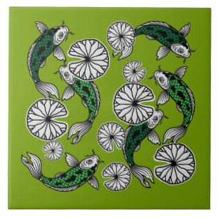 Japanese Indigo Green Carp Folk Pattern Tile