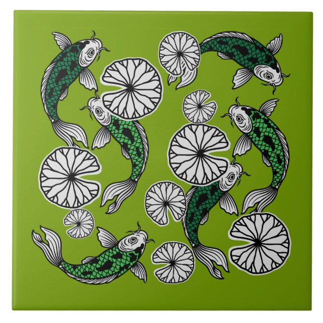 Japanese Indigo Green Carp Folk Pattern Tile (Front)