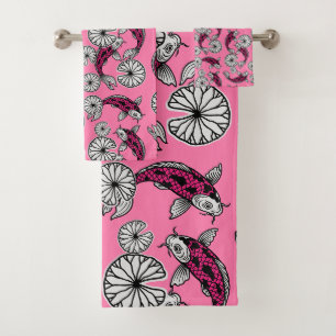 Japanese Indigo Pink Carp Folk Pattern Bath Towel Set