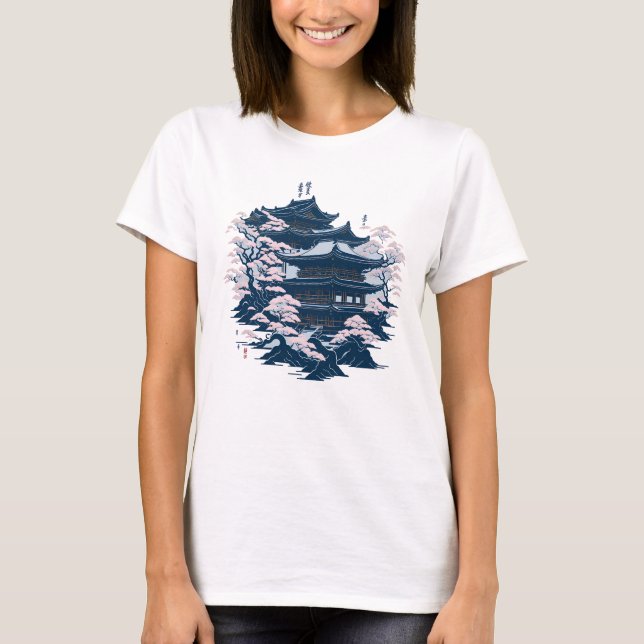 Japanese Ink Art Temple Surrounded by Trees T-Shirt (Front)