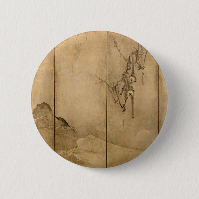 Japanese Ink on paper Gibbons Primates & Landscape 6 Cm Round Badge (Front)