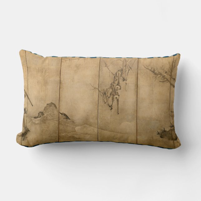 Japanese Ink on paper Gibbons Primates & Landscape Lumbar Cushion (Front)