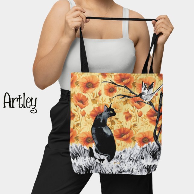 Japanese Ink Painted Cat Bird Orange Poppy  Tote Bag (Creator Uploaded)