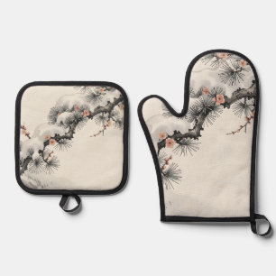 Japanese Ink Pine Plum Blossom Winter Oven Mitt & Pot Holder Set