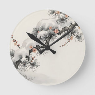 Japanese Ink Pine Plum Blossom Winter  Round Clock