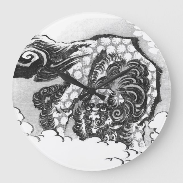 Japanese Ink Shishi Guardian Lion by Hokusai Large Clock (Front)