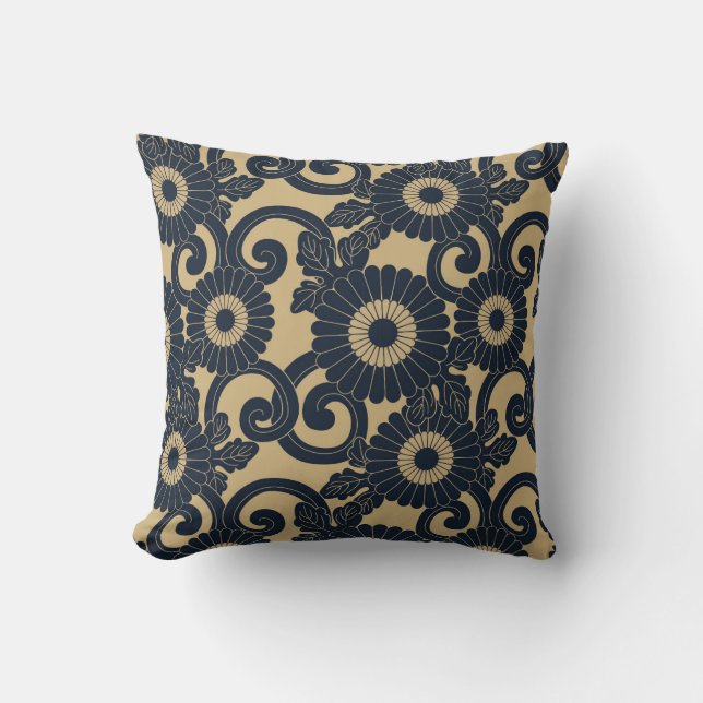 Japanese inspired pattern indigo and tan design 5 cushion (Front)