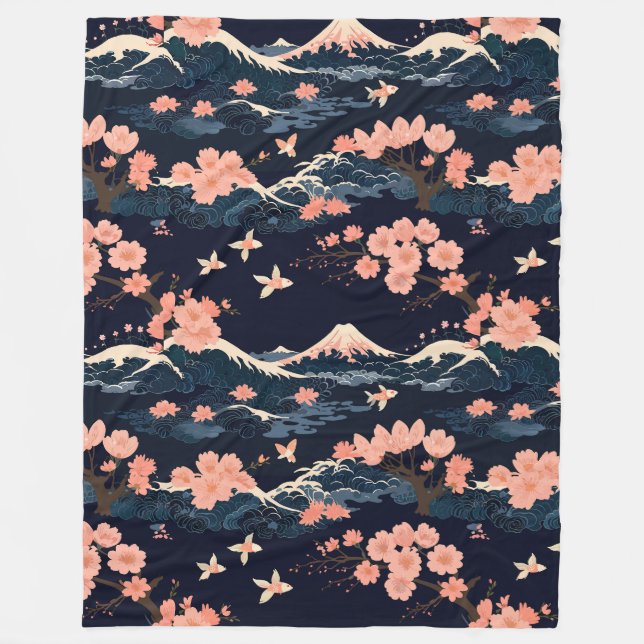 Japanese-Inspired Sakura Cherry Blossom  Fleece Blanket (Front)