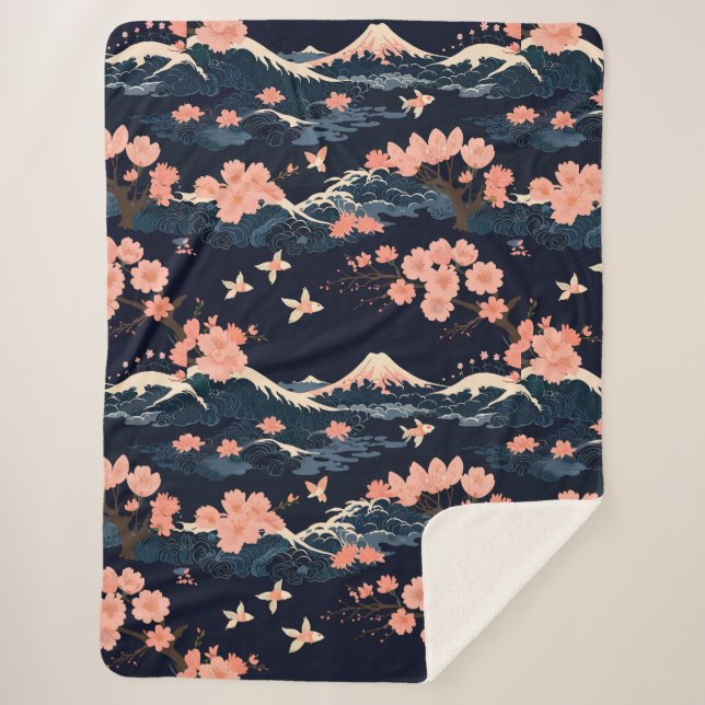 Japanese-Inspired Sakura Cherry Blossom  Sherpa Blanket (Front)