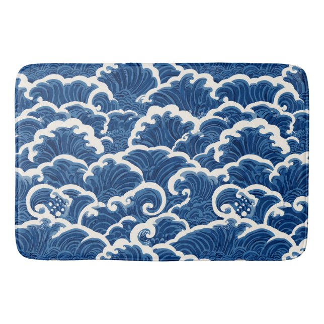 Japanese-Inspired Seamless Ocean Wave Pattern Bath Mat (Front)