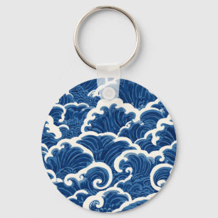 Japanese-Inspired Seamless Ocean Wave Pattern Key Ring