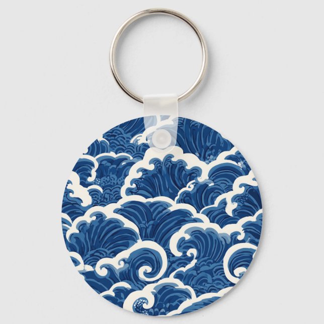 Japanese-Inspired Seamless Ocean Wave Pattern Key Ring (Front)