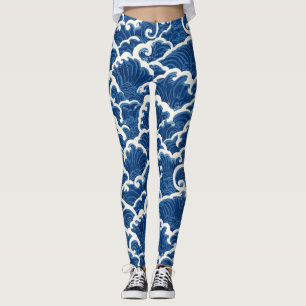Japanese-Inspired Seamless Ocean Wave Pattern Leggings