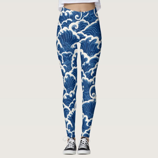 Japanese-Inspired Seamless Ocean Wave Pattern Leggings (Front)