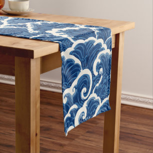 Japanese-Inspired Seamless Ocean Wave Pattern Short Table Runner