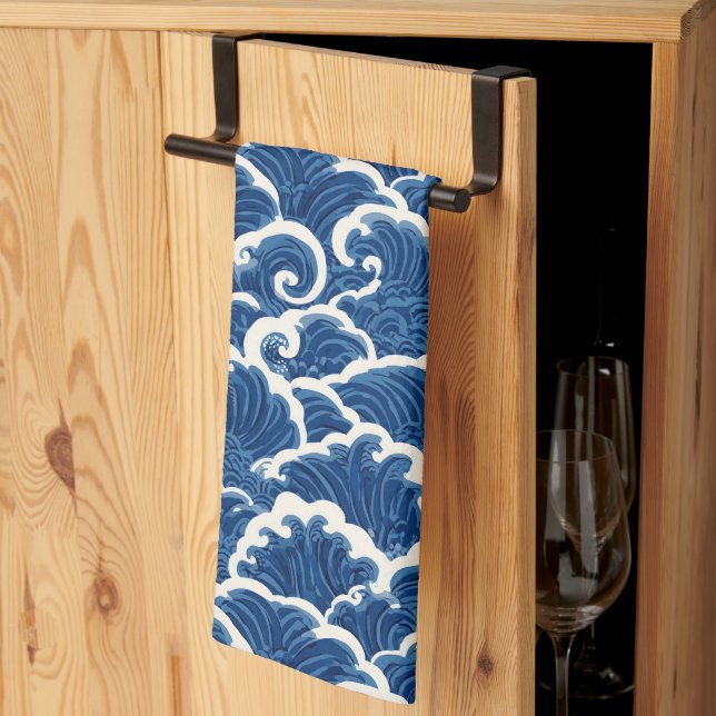 Japanese-Inspired Seamless Ocean Wave Pattern Tea Towel (Thirds Fold)